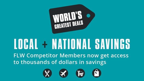 FLW, the world’s largest tournament-fishing organization, announced today a partnership with World’s Greatest Deals, a web-based savings program that compiles exclusive discounts for both local and national chains that when used regularly, can add up to thousands of dollars in savings per year. 
