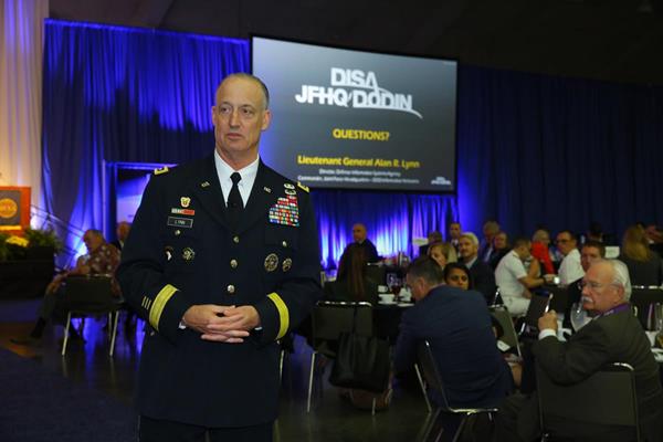 Lt. Gen. Alan Lynn, USA, director, Defense Information Systems Agency (DISA), and commander, Joint Force Headquarters–Department of Defense Information Network (JFHQ-DODIN), addresses a packed session at the AFCEA International Defensive Cyber Operations Symposium.