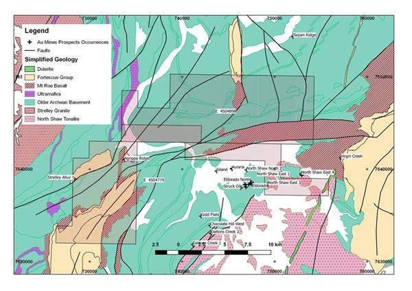 Figure 1: Location of Exploration tenements E45/4779 and E45/4732 over generalised GSWA geology. The tenements are located 42km west-southwest of Marble Bar and 265km east-southeast of Karratha.