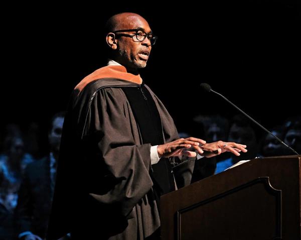 "Hamilton" costume designer Paul Tazewell spoke Saturday at Commencement Exercises for his alma mater, the University of North Carolina School of the Arts. Photo by Allen Aycock. 