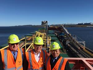 Members of Alderon’s executive team at the top of the ship loader at the Port of Sept-Îles as part of a tour of the facilities. 
