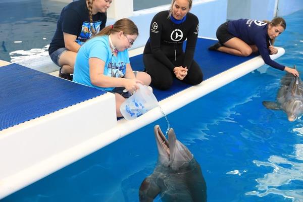Autumn Swank meets Hope and Winter the rescued dolphins at Clearwater Marine Aquarium. 