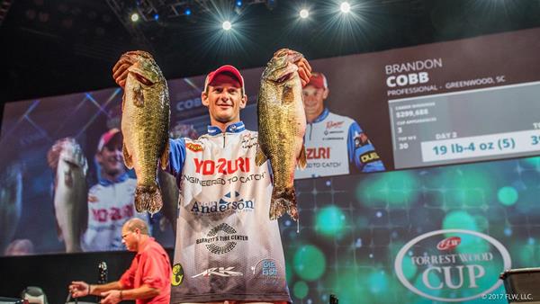 FLW Tour pro Brandon Cobb of Greenwood, South Carolina, continued his momentum Saturday at the 2017 Forrest Wood Cup on Lake Murray , the world championship of professional bass fishing, weighing in a five-bass limit totaling 19 pounds, 4 ounces – his second straight day with a 19-plus pound limit. With a two-day total of 10 bass weighing 39 pounds even, Cobb will lead the final 10 pros who will fish Sunday for $300,000 cash – the top award in professional bass fishing. 