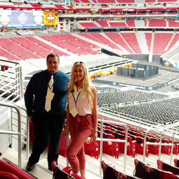 CUAA business students Matt Korte (left) and Alisha Anderson (right) worked behind the scenes at the 2017 NCAA Final Four tournament in Phoenix, Arizona.
