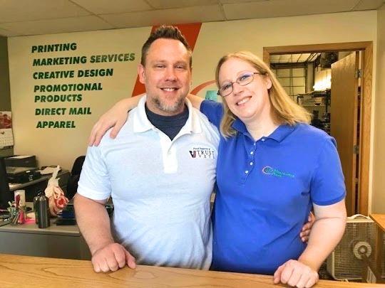 US Army Airborne Veteran James Lawrence and Katie Lawrence, owners, Minuteman Press franchise, Ham Lake, Minnesota.