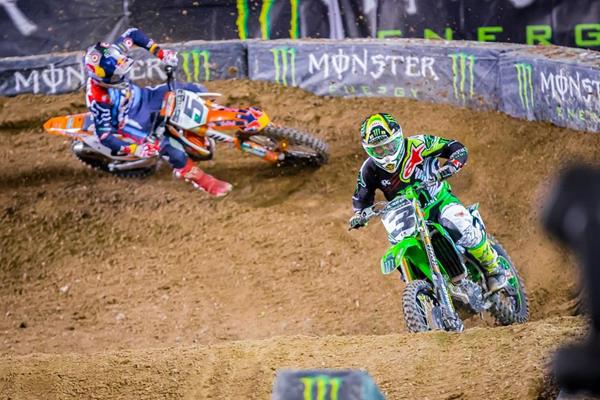 Monster Energy Kawasaki's Eli Tomac (3) goes head-to-head with 4-time Monster Energy Supercross Champion Ryan Dungey (5) at the 2016 Monster Energy Cup.