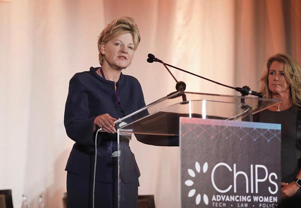 Susan Murley addresses the 2017 ChIPs Global Summit after WilmerHale was announced as the recipient of the inaugural ChIPs Honor Roll award recognition. Image by Tracey Salazar Photography.
