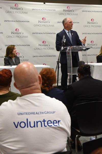 Gov. John Bel Edwards addresses attendees at a joint grant announcement by the United Health Foundation and Woman's Hospital in Baton Rouge, La. 