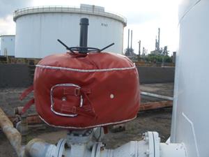Refinery with a valve actuator covered by a Shannon Rapid Rise Fire Blanket