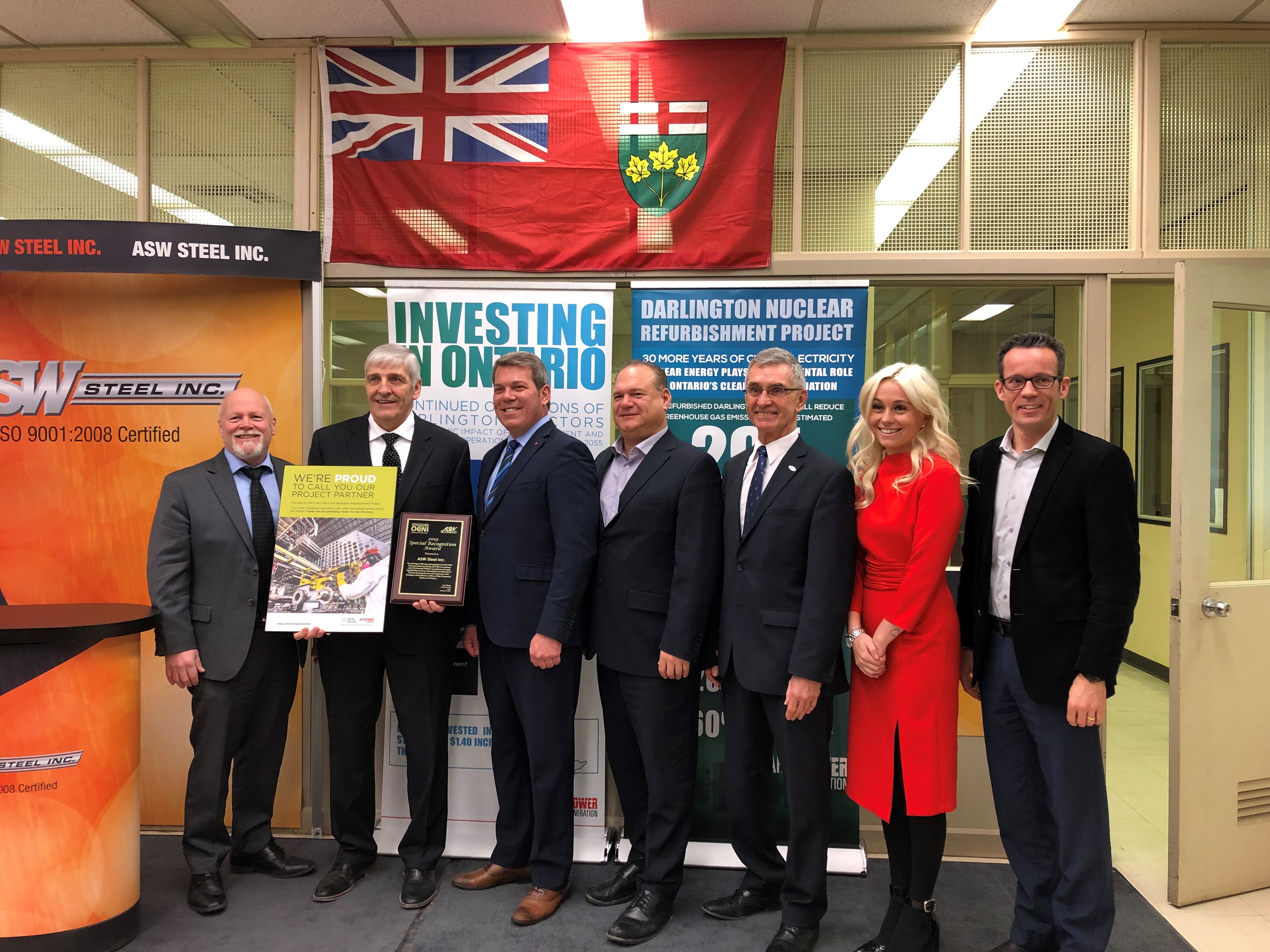 Group Photo (from left to right): Mayor Frank Campion, Tim Clutterbuck ASW Steel, MP Vance Badawey, MPP Jeff Burch, Ron Oberth OCNI, Taylor McKenna Bruce Power, Chris Fralick OPG