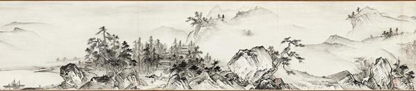 Remote view of streams and hills, in the style of Xia Gui, 1962, by Fu Shen (Chinese, b. 1937). Hand scroll; ink on paper. Collection of National Palace Museum, Taipei. © Fu Shen. Photograph courtesy of Eros Zhao. (Detail)
