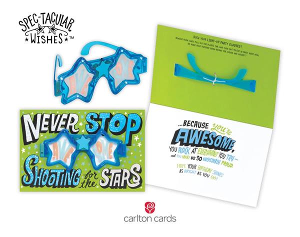 New Spec-tacular Wishes birthday cards from Carlton Cards pair bold lettering designs with wearable, light-up party glasses for the ultimate card and gift combo for kids.