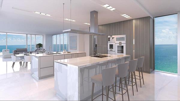 Snaidero USA provides WAY kitchens in Feather Grey
high gloss glass and Mink Elm wood. 