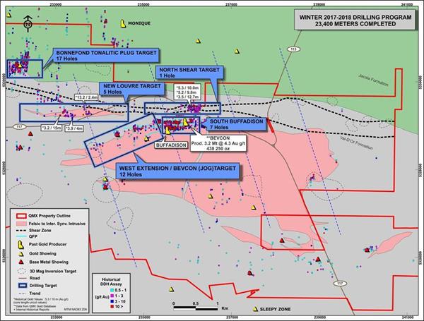 Figure 2: East Zone: 2018 Winter Drilling Program - 23,400m of Drilling in Val d’Or East 