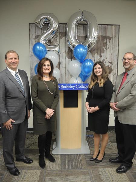 Photo Caption: From left to right, Kevin L. Luing, Board Chairman; Sharon Goldstein, Campus Operating Officer, Berkeley College Online®, alumna Jessica Mahoney, Esq., of Middletown, NY, and Joseph Scuralli, DPS, Dean, Online, recognize 20 years of online learning at Berkeley College.
