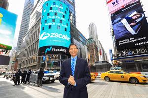 Jay Chaudhry, Founder and Chief Executive Officer, Zscaler, celebrates the company's IPO at the Nasdaq MarketSite in Times Square