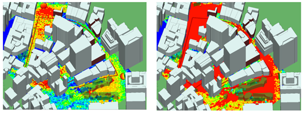 Side-by-side comparison showing throughput in downtown area using single antennas (left) vs. MIMO beamforming (right).