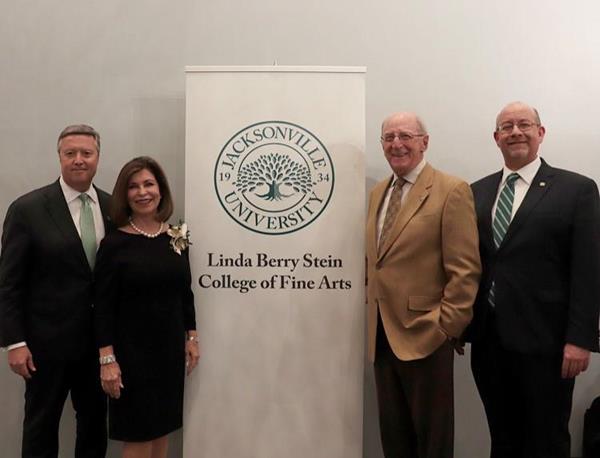 President Tim Cost, Linda Berry Stein, David Stein, Dr. Tim Snyder, 2018 Linda Berry Stein College of Fine Arts unveil at Jacksonville University. 
