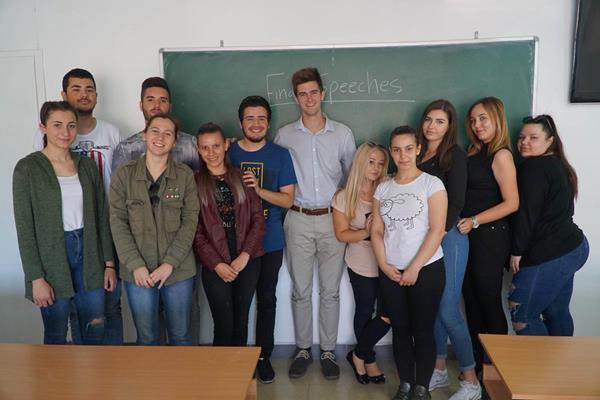 Kevin Morris (center) at Goce Delchev University with some of his first-year students. 