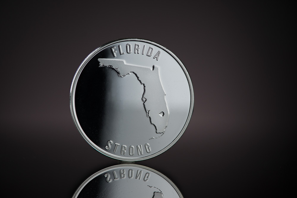 Reverse side of Florida Strong Silver Round, featuring the state of Florida. Designed and minted by Republic Metals Corporation. 