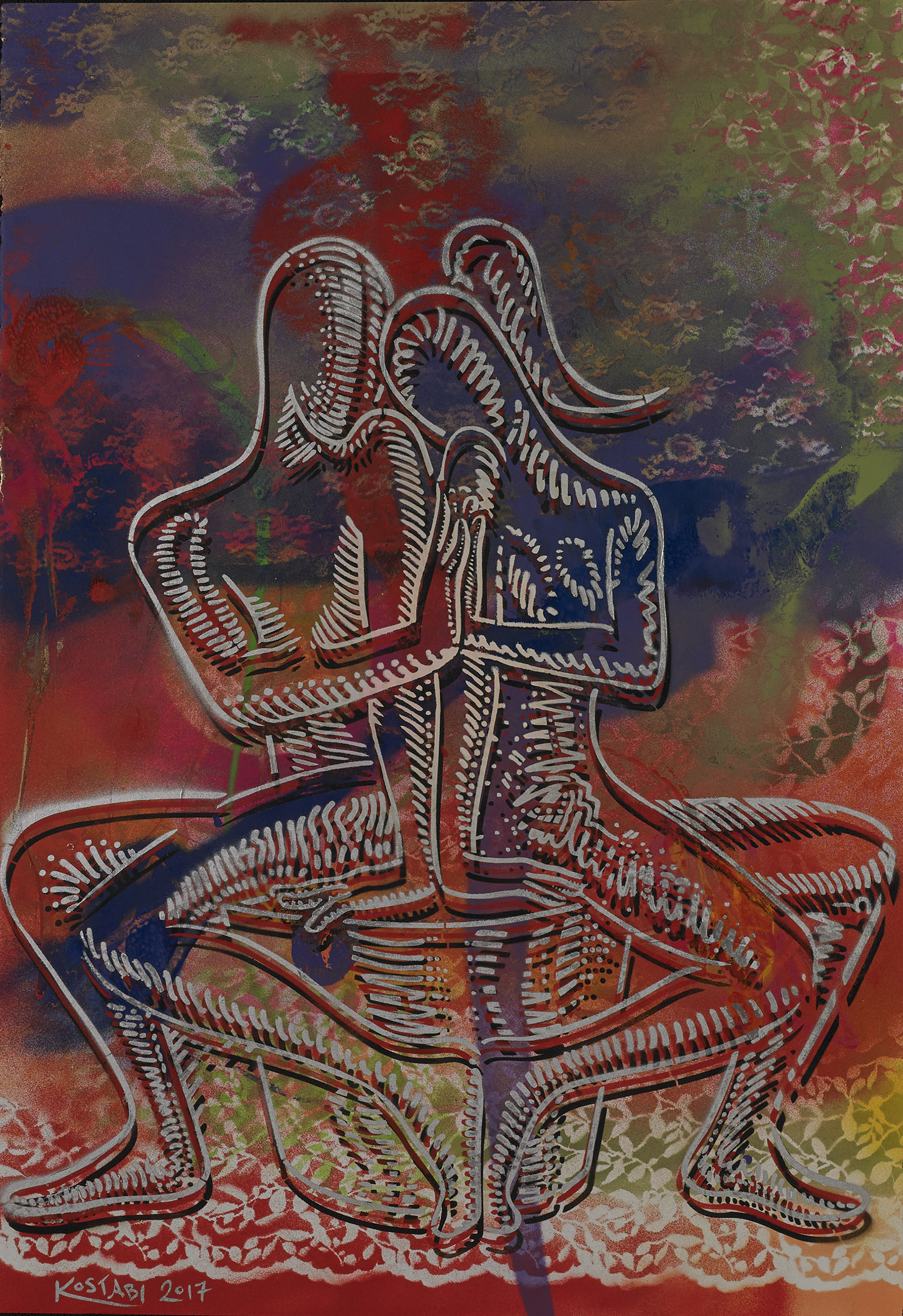 Mark Kostabi, Spring Awakening, mixed media on paper, 44 x 30 1/2 inches