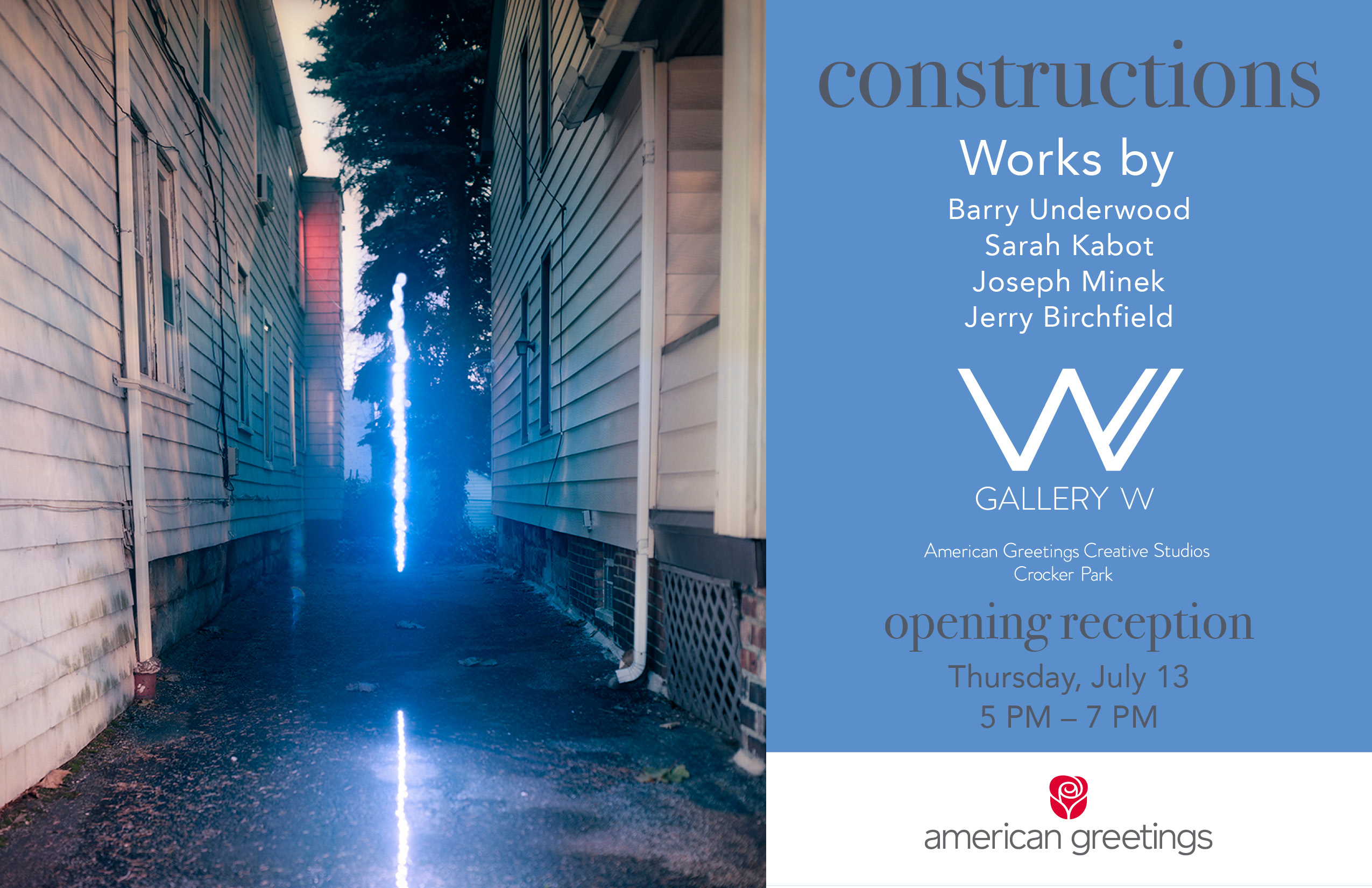 The upcoming exhibit titled "Constructions" at Gallery W, the public art gallery at the new American Greetings world headquarters, features selected works by Barry Underwood, Sarah Kabot, Joseph Minek and Jerry Birchfield 
