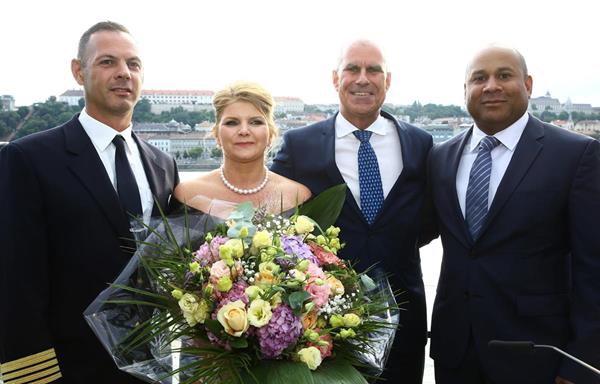 Captain Ferenc (Captain, Crystal Ravel), Mariann Peller (Godmother), Tom Wolber (President & CEO, Crystal Cruises), and Walter Littlejohn (Vice President and Managing Director, Crystal River Cruises)