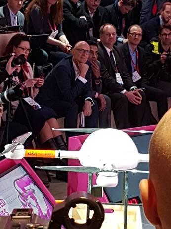Pictured: Timotheus Höttges, CEO of Deutsche Telekom, listens to the presentation on CONNECTED DRONES featuring the Microdrones md4-1000