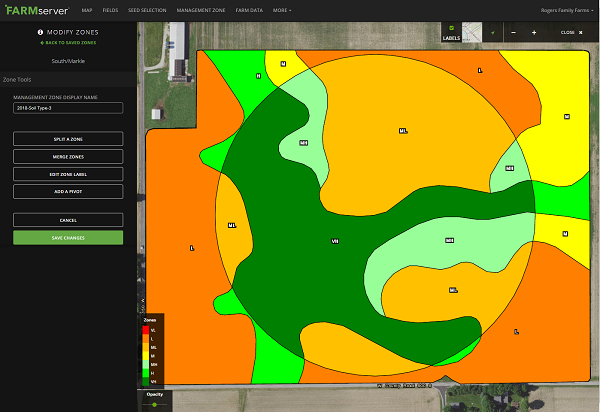 FARMserver's Irrigation Tool allows users to look at management zones both inside and outside the irrigation pivot.
