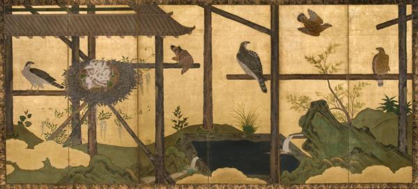 Kano School, Goshawk Mews, Edo period, c.1675, ink and color on paper; mounted as a six-fold screen, Philadelphia Museum of Art: Gift of Mr. and Mrs. Douglas J. Cooper, 1978

