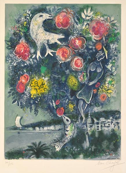Marc Chagall. Angel Bay with a Bouquet of Roses (Nice et la Cote d'Azur, CS.30), hand-signed lithograph, 24 x18 inches
