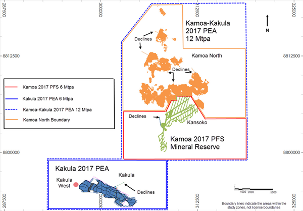 Figure 2. Overview of deposits included within Kakula 2017 PEA   (six Mtpa and 12 Mtpa case) and Kamoa 2017 PFS (six Mtpa).