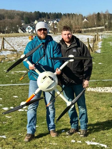 Pictured Left to right, Henno Morkel, UAS Segment Specialist for OPTRON and Kevin Holighaus – Training Pilot for Microdrones during training on multiple payloads and Microdrones UAV systems in Siegen, Germany 