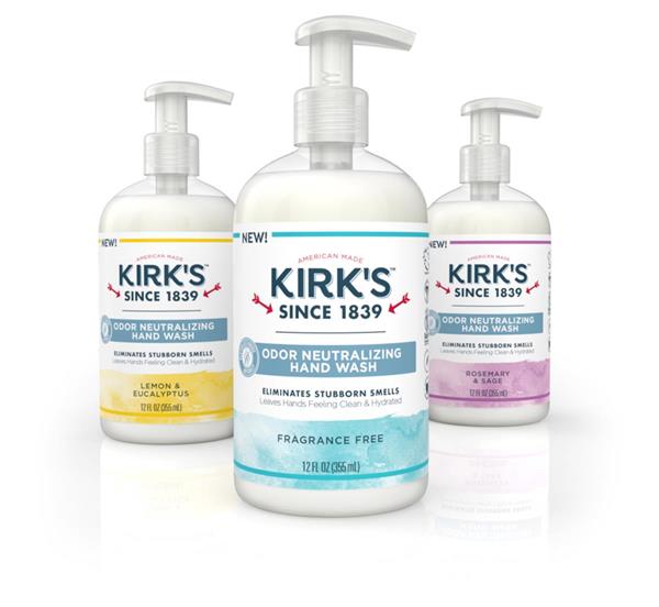 Kirk's Odor Neutralizing Hand Wash, available in 2 unique scents and fragrance-free