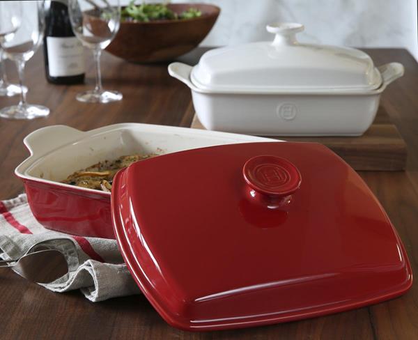 The Emile Henry Covered Casserole, made of Burgundy clay, keeps food hot at the table.

