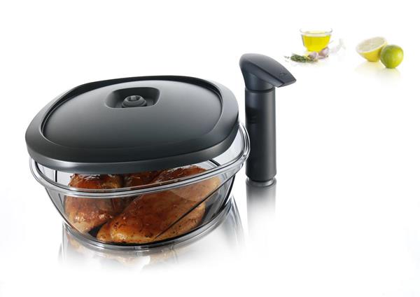 The Vacu Vin/Tomorrow's Kitchen marinator reduces the time it takes to marinate food from hours to minutes. Buy it at Bed Bath & Beyond.
