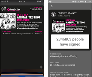 The Forever Against Animal Testing wallet pass for iOS (left) and Android (right)