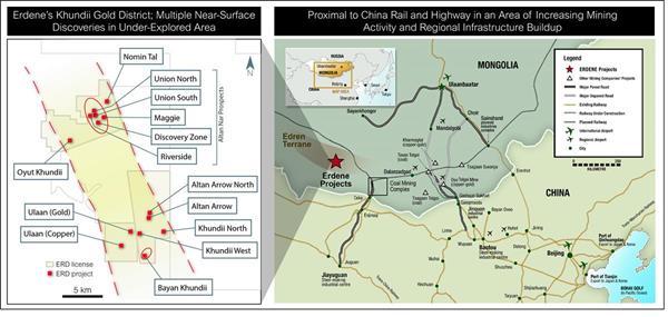 Erdene Project Locations Within The Khundii Gold District