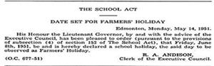 The School Act -- Date Set For Farmers' Holiday