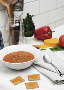 Creamy Tomato and Roasted Pepper Soup with Cheddar Cracker Melts
