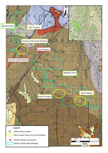 Geological map of Century Cobalt's license area with prospect locations within the Idaho Cobalt Belt.