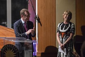 Andy Sherman and Dagmar Dolby deliver remarks at the opening of the Ray Dolby Gateway to American Culture